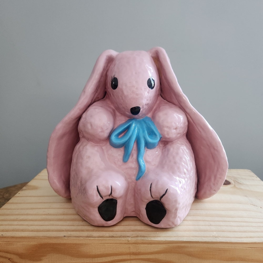 Vintage 1993 Ceramic Pink Bunny Rabbit With Floppy Ears and Blue Bow Piggy Bank